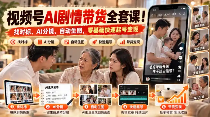 视频号AI剧情带货全套课!找对标、AI分镜、自动生图,零基础快速起号变现-阿牛笔记