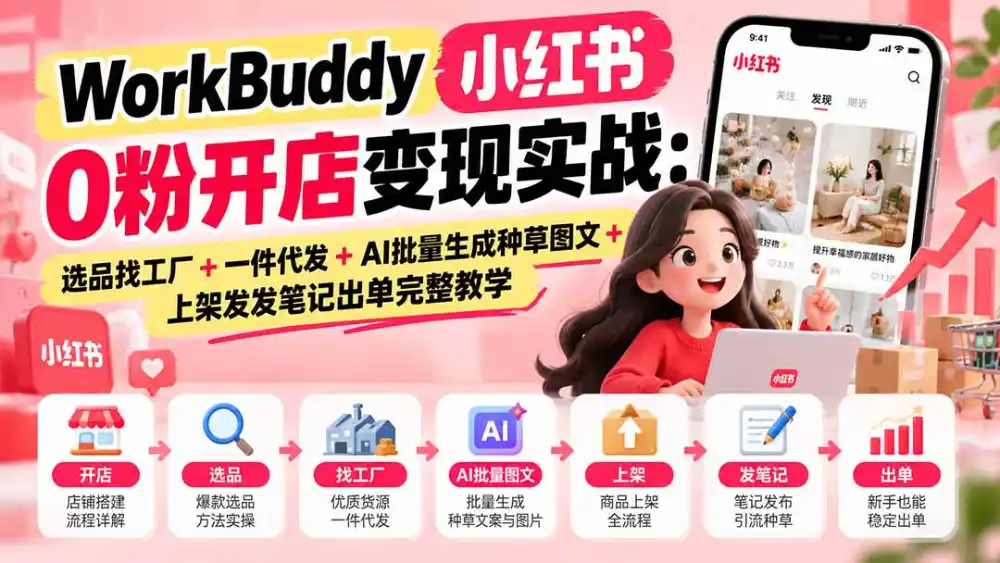 WorkBuddy小红书0粉开店变现实战：选品找工厂+一件代发+AI批量生成种草图文+上架发发笔记出单完整教学-阿牛笔记