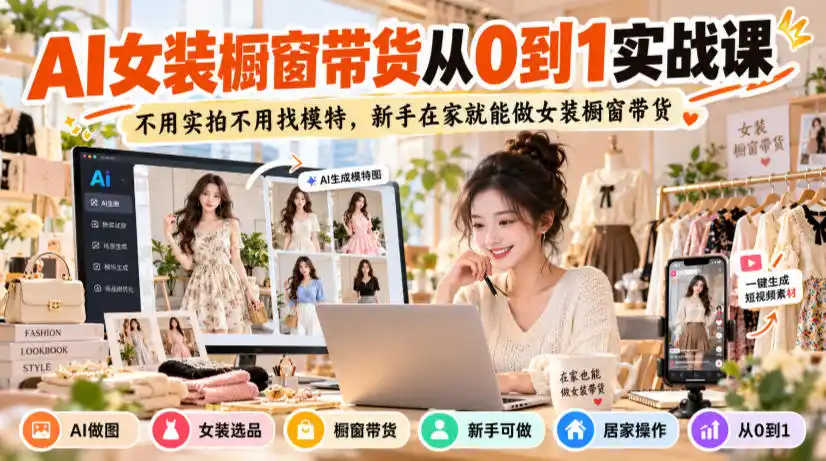 AI女装橱窗带货从0到1实战课，不用实拍不用找模特，新手在家就能做女装橱窗带货-阿牛笔记