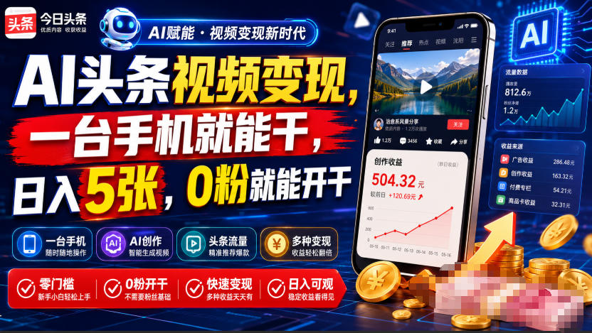 AI头条视频变现,一台手机就能干,日入5张,0粉就能开干-阿牛笔记