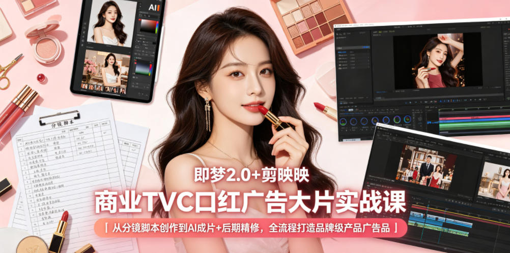 即梦2.0+剪映商业TVC口红广告大片实战课|从分镜脚本创作到AI成片+后期精修,全流程打造品牌级产品广告-阿牛笔记