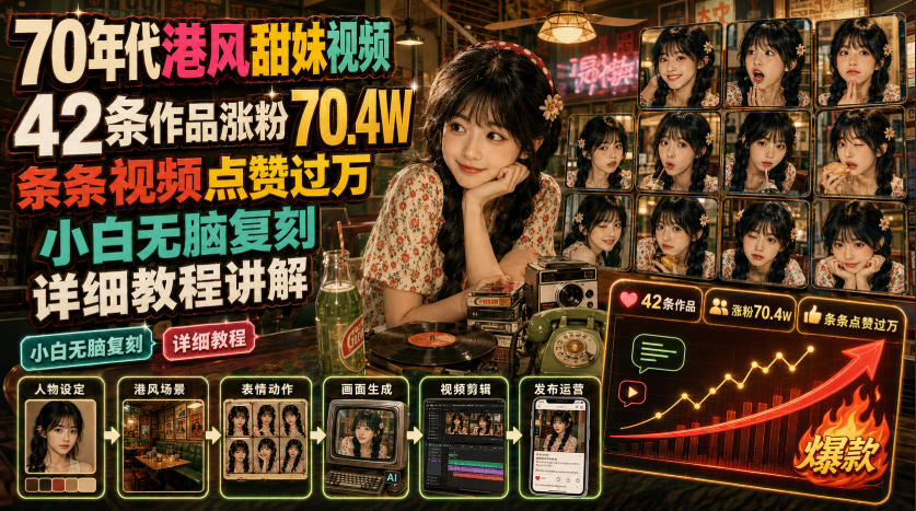 70年代港风甜妹视频，42条作品涨粉70.4W，条条视频点赞过万，小白无脑复刻，详细教程讲解-阿牛笔记