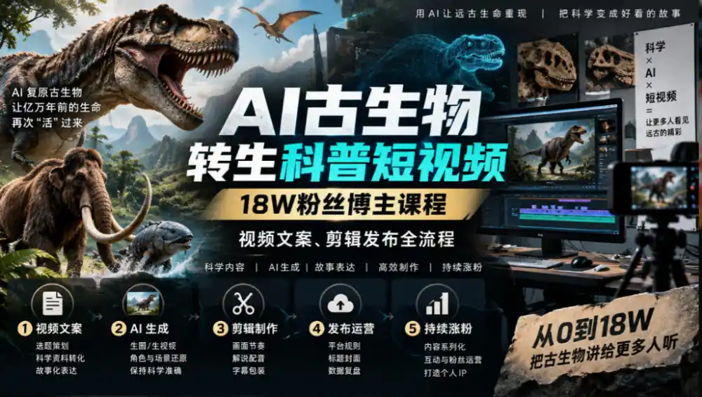 AI古生物转生科普短视频，18W粉丝博主课程，视频文案、剪辑发布全流程-阿牛笔记