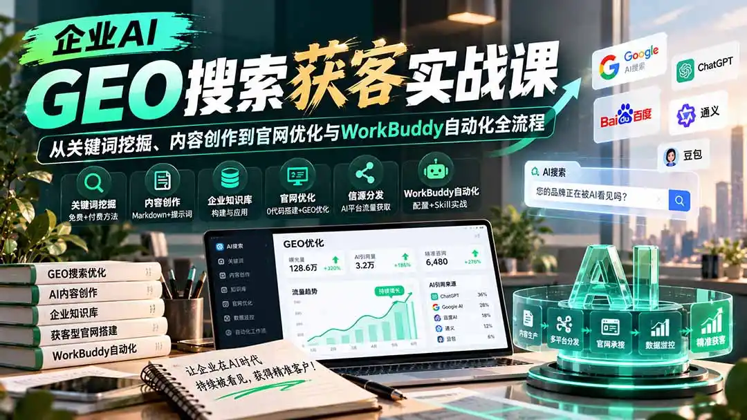 企业AI GEO搜索获客实战课：从关键词挖掘、内容创作到官网优化与WorkBuddy自动化全流程-阿牛笔记