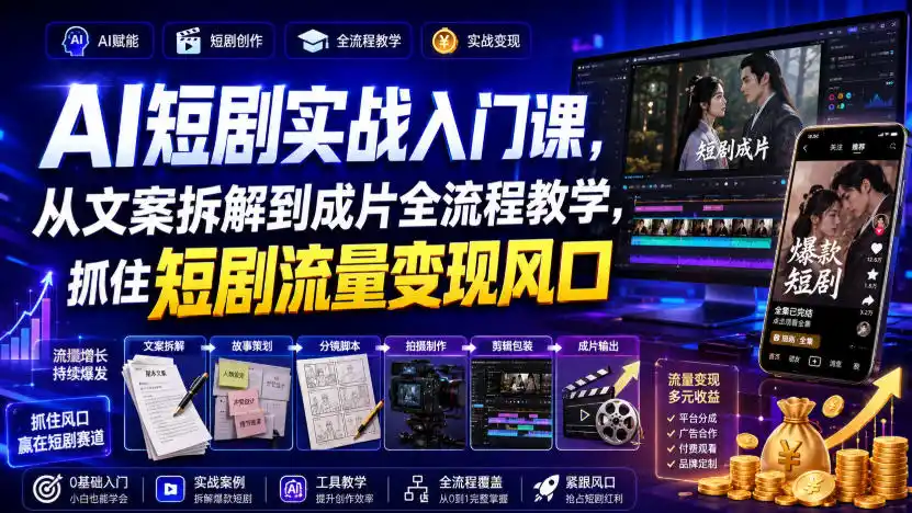 AI短剧实战入门课，从文案拆解到成片全流程教学，抓住短剧流量变现风口-阿牛笔记