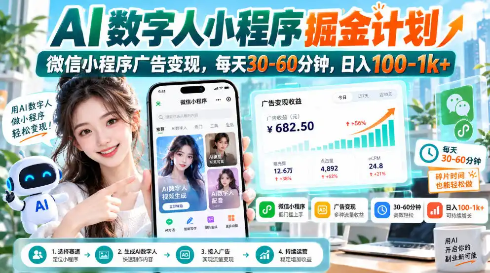 【无水印】AI数字人小程序掘金计划，微信小程序广告变现，每天30‑60分钟，日入100‑1k+-阿牛笔记