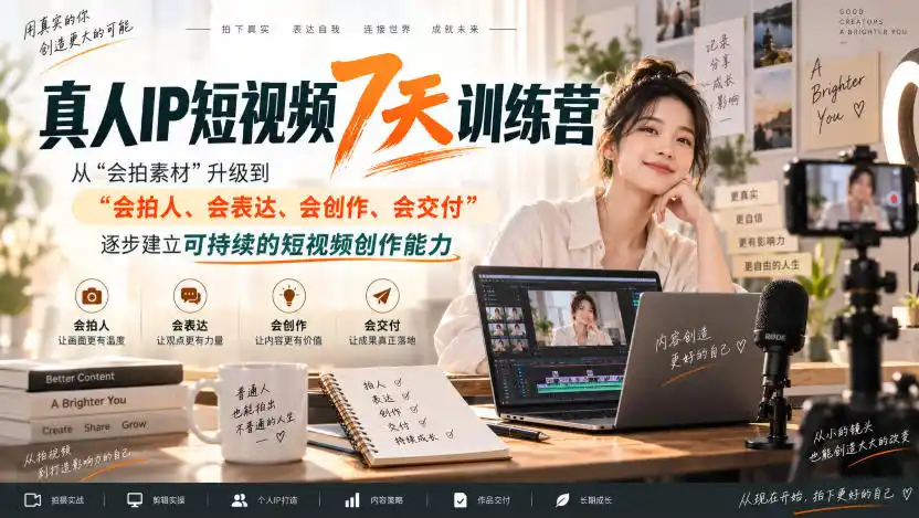 真人IP短视频7天训练营，从“会拍素材”升级到“会拍人、会表达、会创作、会交付”，逐步建立可持续的短视频创作能力-阿牛笔记