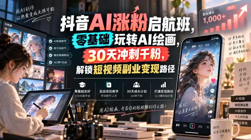 抖音AI涨粉启航班，零基础玩转AI绘画，30天冲刺千粉，解锁短视频副业变现路径-阿牛笔记