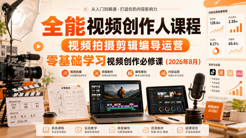 全能视频创作人课程，视频拍摄剪辑编导运营，零基础学习视频创作必修课(2026年8月)-阿牛笔记