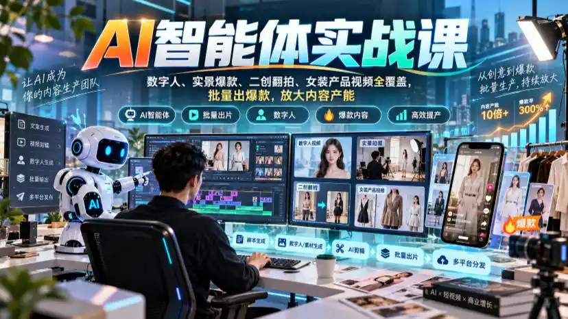 AI智能体实战课,数字人、实景爆款、二创翻拍、女装产品视频全覆盖,批量出爆款,放大内容产能-阿牛笔记