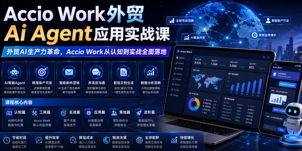 Accio Work外贸Ai Agent应用实战课，外贸AI生产力革命，Accio Work从认知到实战全面落地-阿牛笔记