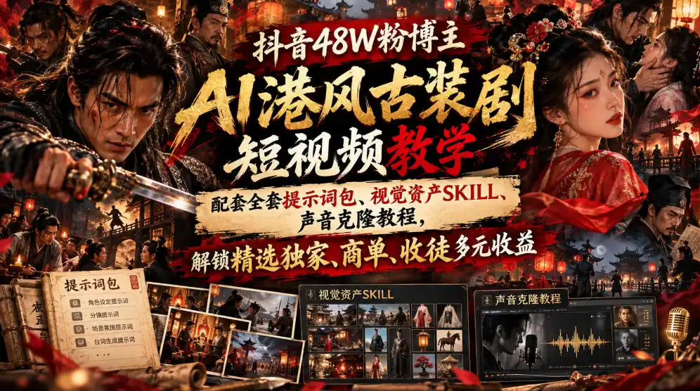抖音48W粉博主AI港风古装剧短视频教学，配套全套提示词包、视觉资产SKILL、声音克隆教程，解锁精选独家、商单、收徒多元收益-阿牛笔记