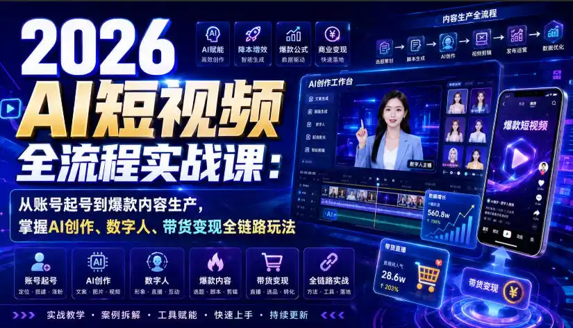 2026 AI短视频全流程实战课：从账号起号到爆款内容生产，掌握AI创作、数字人、带货变现全链路玩法-阿牛笔记