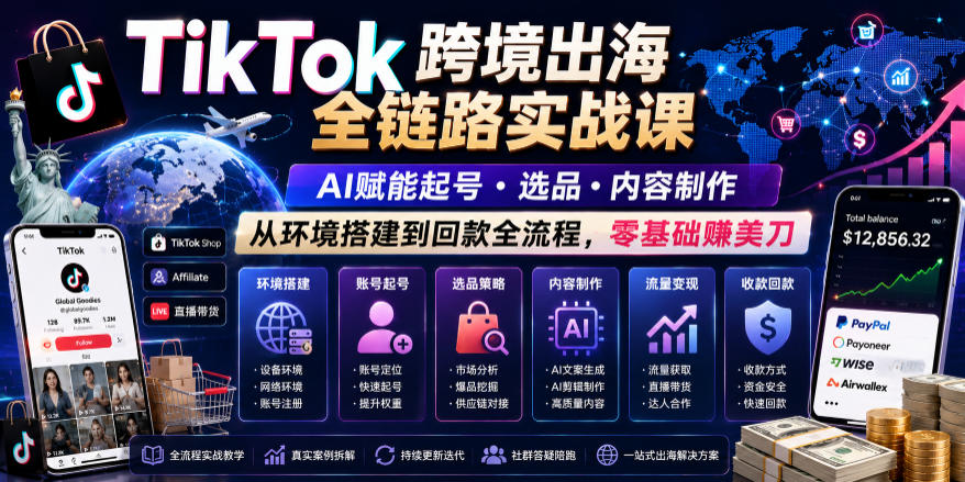 TikTok跨境出海全链路实战课，AI赋能起号・选品・内容制作，从环境搭建到回款全流程，零基础賺美刀-阿牛笔记
