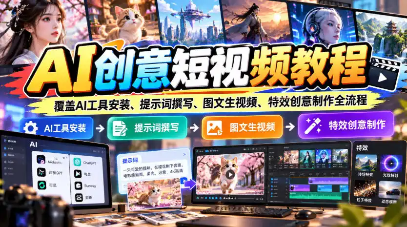 AI创意短视频教程，覆盖AI工具安装、提示词撰写、图文生视频、特效创意制作全流程-阿牛笔记
