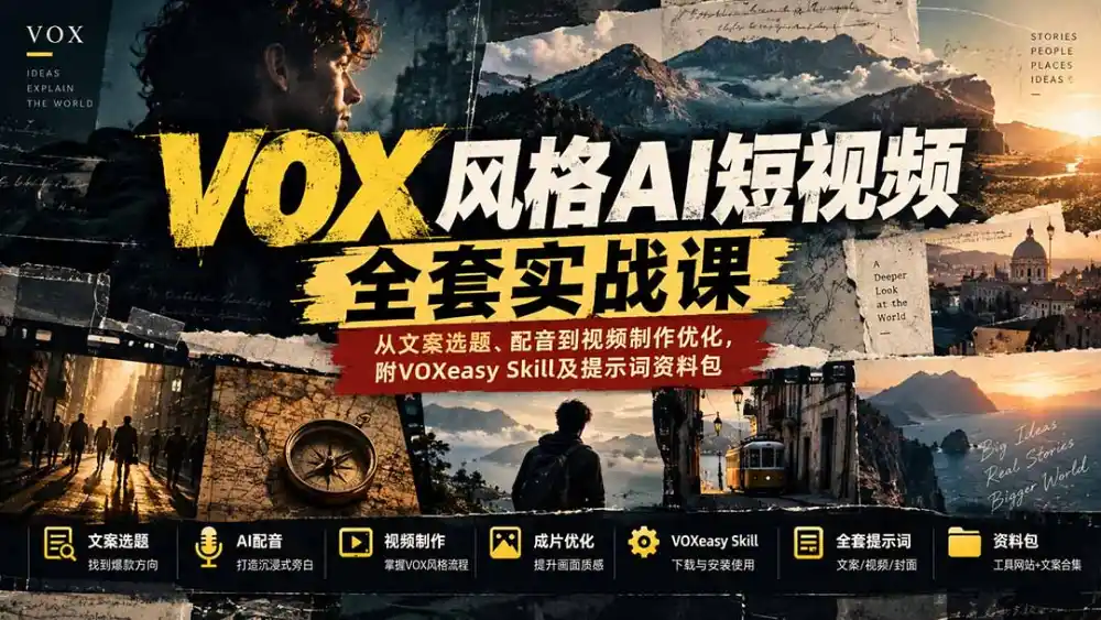 【无水印】VOX风格AI短视频全套实战课：从文案选题、配音到视频制作优化，附VOXeasy Skill及提示词资料包-阿牛笔记