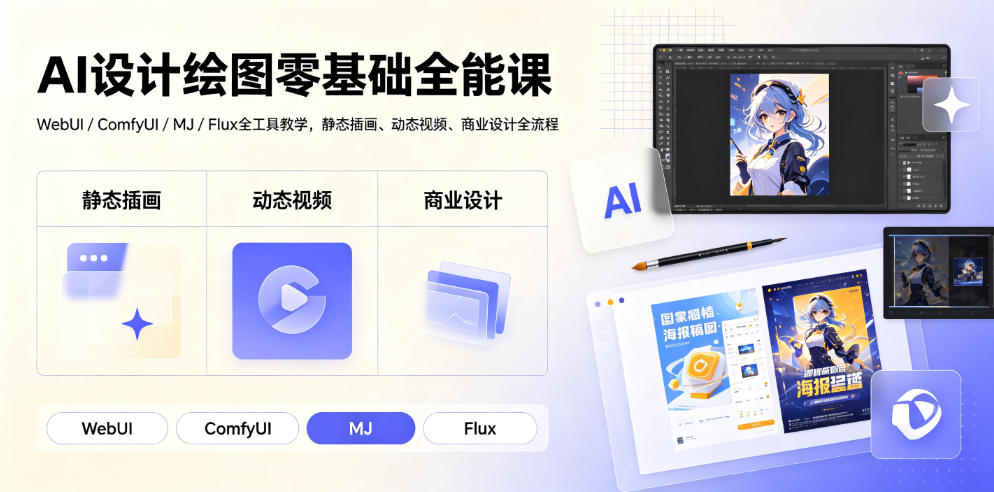 AI设计绘图零基础全能课｜WebUI/ComfyUI/MJ/Flux全工具教学，静态插画、动态视频、商业设计全流程-阿牛笔记
