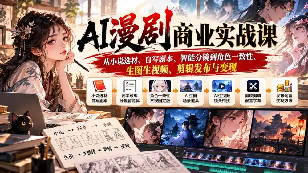 AI漫剧商业实战课：从小说选材、自写剧本、智能分镜到角色一致性、生图生视频、剪辑发布与变现-阿牛笔记