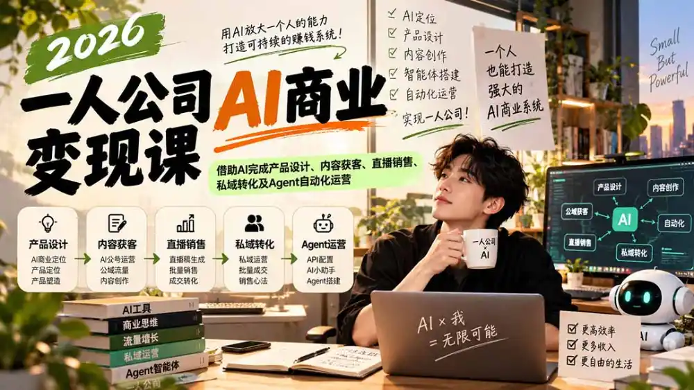 2026一人公司AI商业变现课：借助AI完成产品设计、内容获客、直播销售、私域转化及Agent自动化运营-阿牛笔记