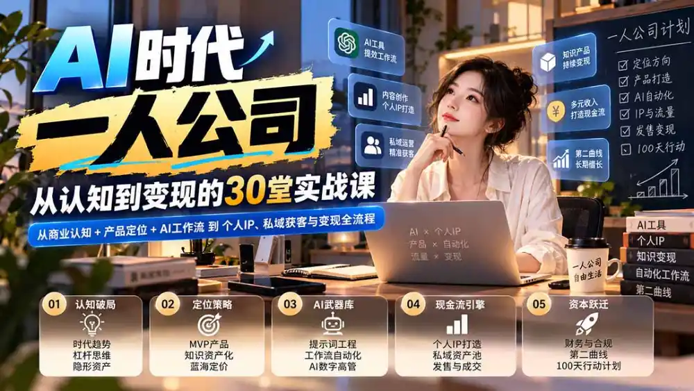 【无水印】AI时代一人公司30堂实战课：从商业认知+产品定位+AI工作流到个人IP、私域获客与变现全流程-阿牛笔记