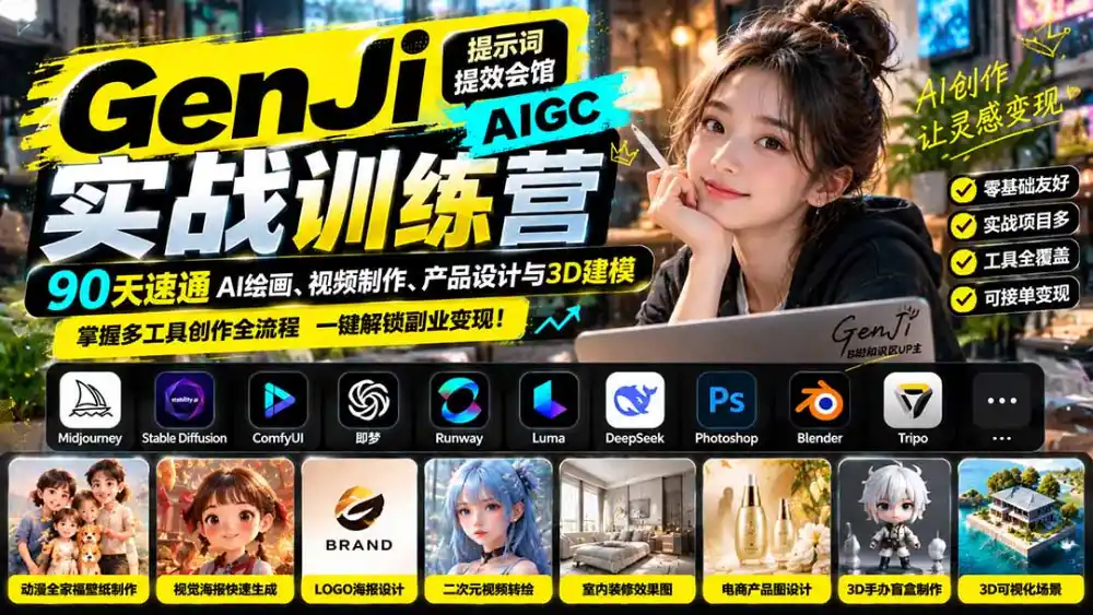 GenJi AIGC实战训练营：90天速通AI绘画、视频制作、产品设计与3D建模，掌握多工具创作全流程-阿牛笔记