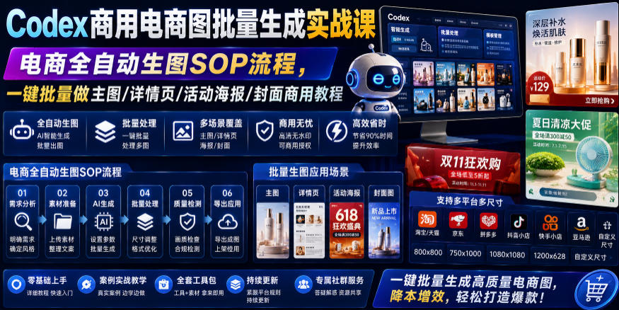 Codex商用电商图批量生成实战课｜电商全自动生图SOP流程，一键批量做主图/详情页/活动海报/封面商用教程-阿牛笔记
