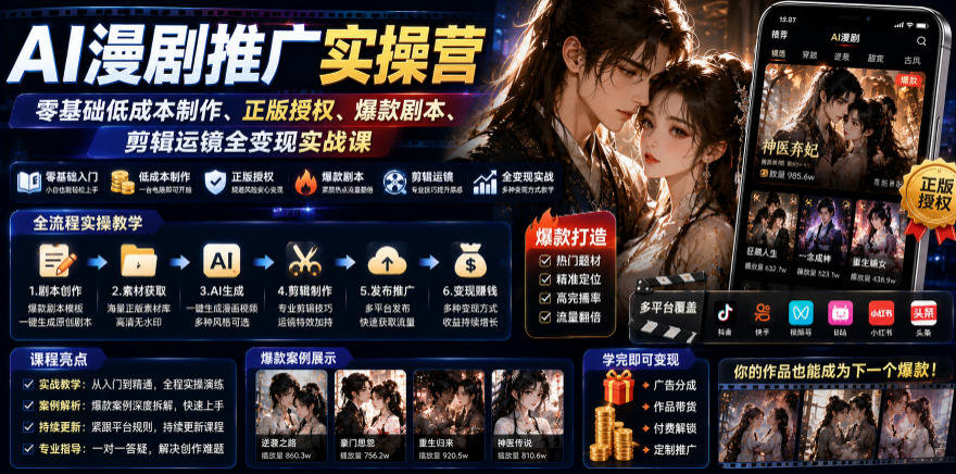 AI漫剧推广实操营｜零基础低成本制作、正版授权、爆款剧本、剪辑运镜全变现实战课-阿牛笔记