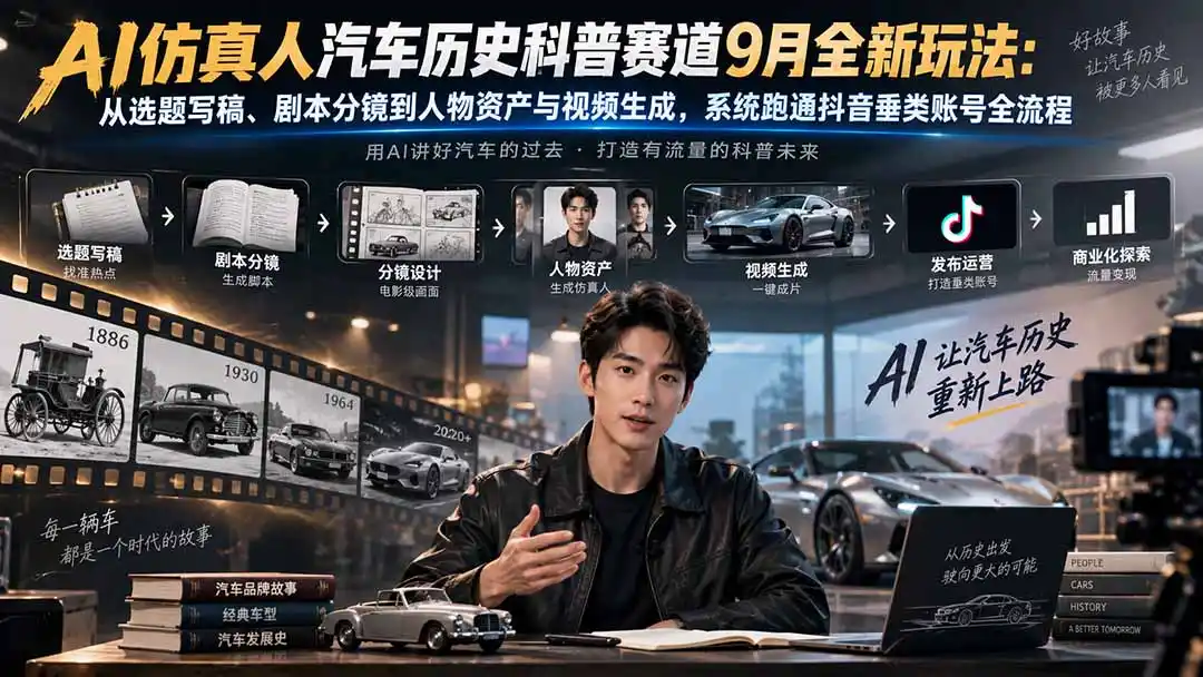 AI仿真人汽车历史科普赛道9月全新玩法：从选题写稿、剧本分镜到人物资产与视频生成，系统跑通抖音垂类账号全流程-阿牛笔记