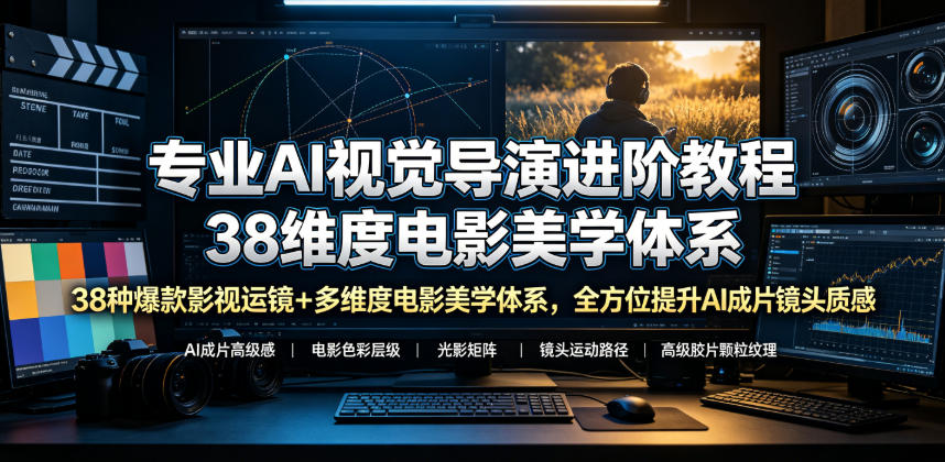 专业AI视觉导演进阶教程，38种爆款影视运镜+多维度电影美学体系，全方位提升AI成片高级感与镜头质感-阿牛笔记
