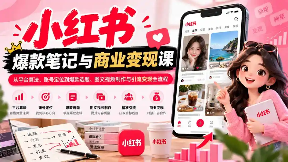 2026小红书爆款笔记与商业变现课：从平台算法、账号定位到爆款选题、图文视频制作与引流变现全流程-阿牛笔记