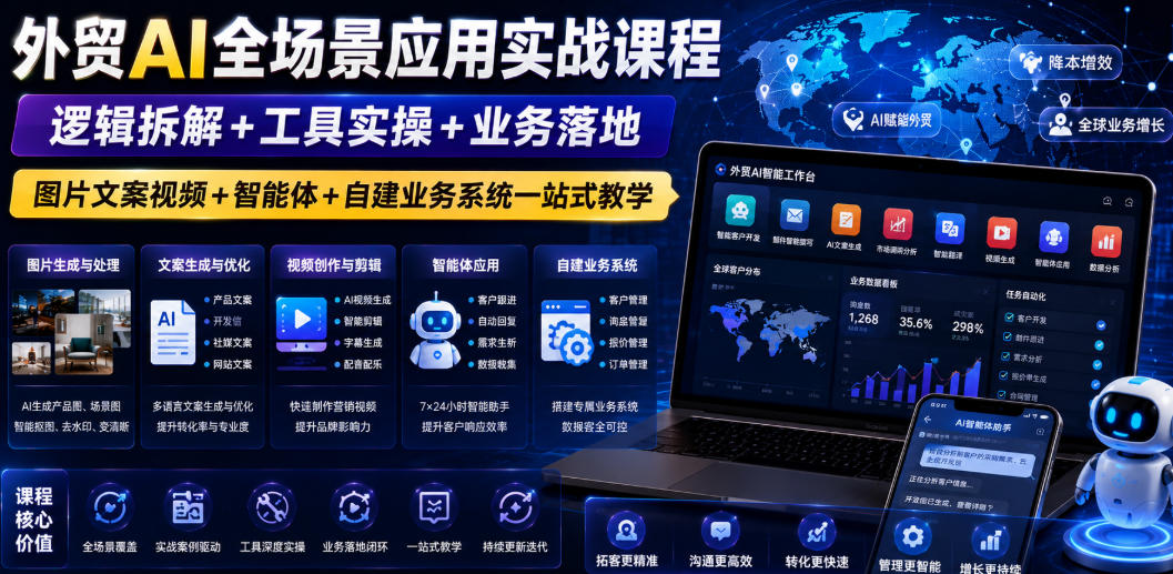 外贸AI全场景应用实战课程｜逻辑拆解+工具实操+业务落地，图片文案视频+智能体+自建业务系统一站式教学-阿牛笔记