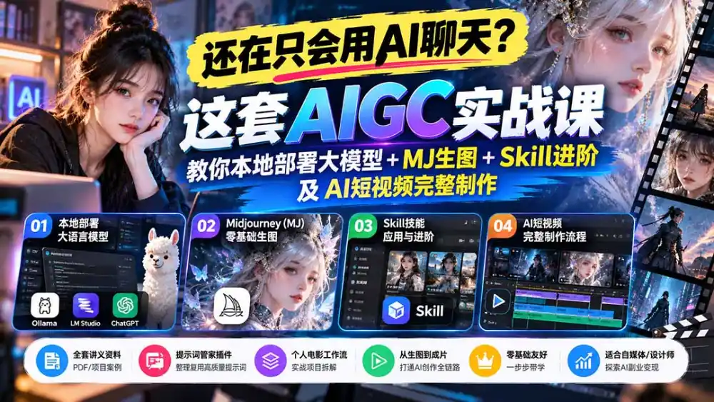 【无水印】还在只会用AI聊天?这套AIGC实战课教你本地部署大模型+MJ生图+Skill进阶及AI短视频完整制作-阿牛笔记