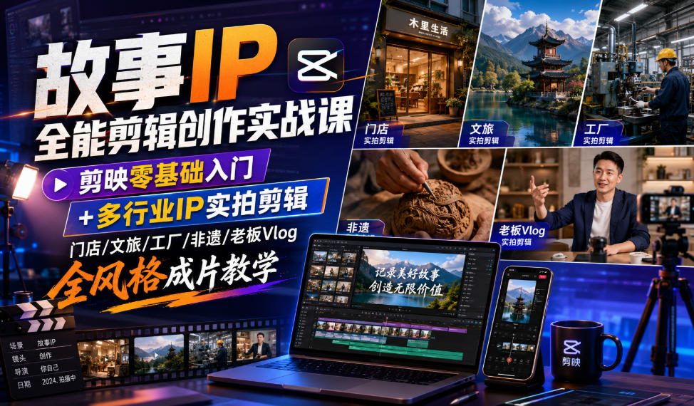 故事IP全能剪辑创作实战课|剪映零基础入门+多行业IP实拍剪辑,门店/文旅/工厂/非遗/老板Vlog全风格成片教学-阿牛笔记