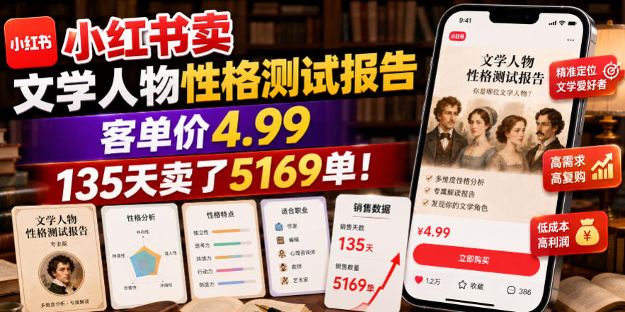 小红书卖文学人物性格测试报告，客单价4.99，135天卖了5169单！-阿牛笔记