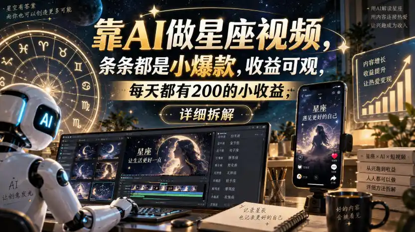 靠AI做星座视频，条条都是小爆款，收益可观，每天都有200的小收益，详细拆解-阿牛笔记