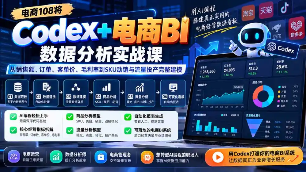 Codex+电商BI数据分析实战课-更新：从销售额、订单、客单价、毛利率到SKU动销与流量投产完整建模-阿牛笔记