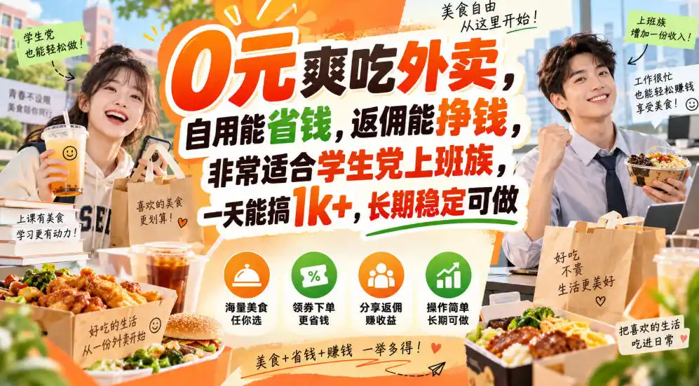 0元爽吃外卖，自用能省钱，返佣能挣钱，非常适合学生党上班族，一天能搞1k+，长期稳定可做-阿牛笔记